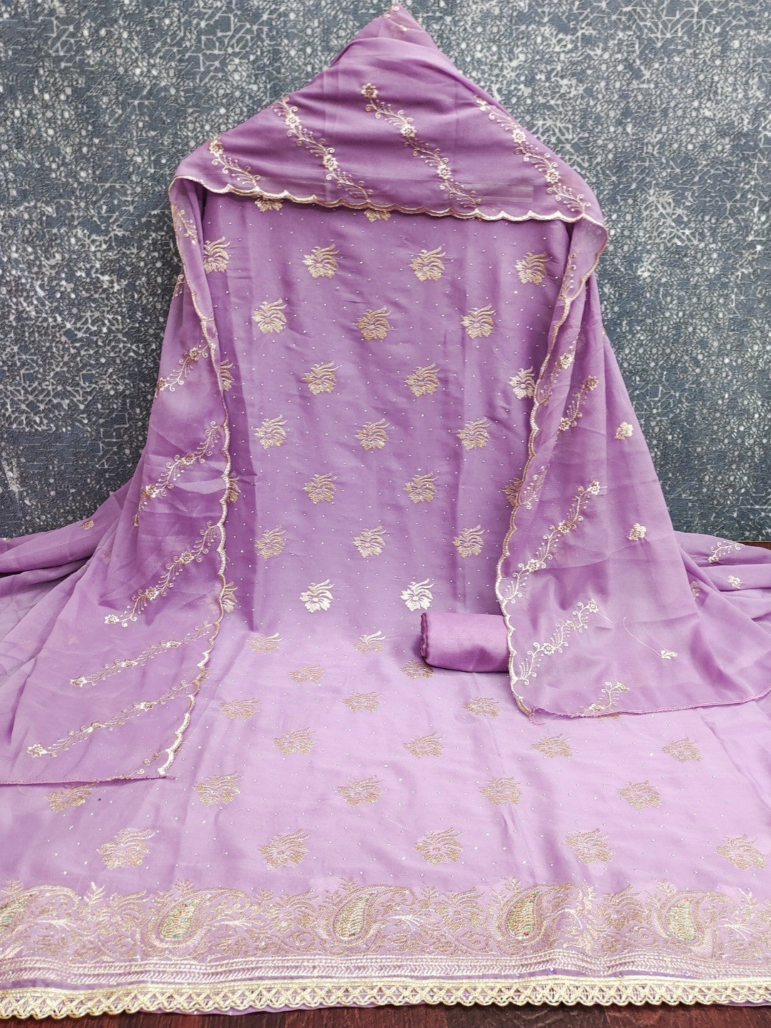 Stunning Lavender Floral Embroidery With Diamond Work Georgette Dress Material - Image 3