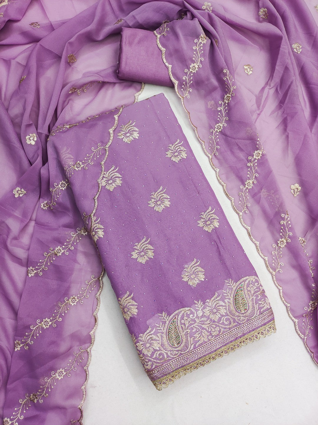 Stunning Lavender Floral Embroidery With Diamond Work Georgette Dress Material - Image 5