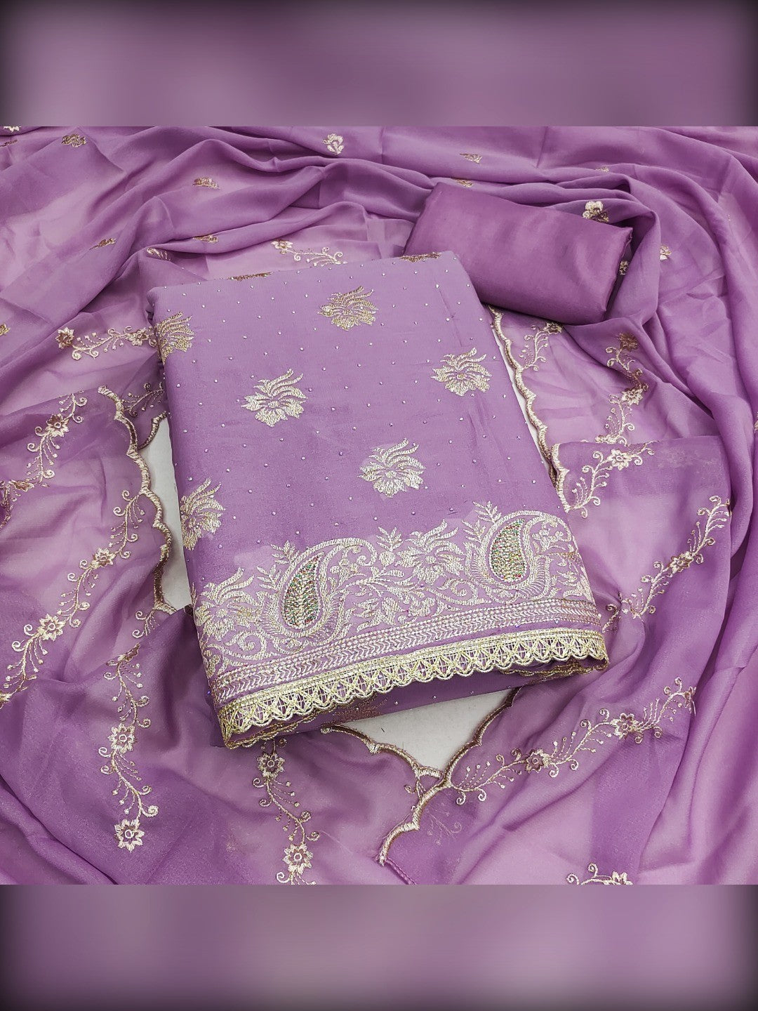 Stunning Lavender Floral Embroidery With Diamond Work Georgette Dress Material - Image 1