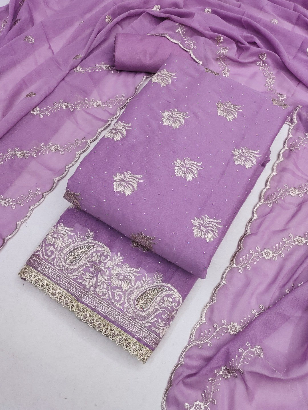 Stunning Lavender Floral Embroidery With Diamond Work Georgette Dress Material - Image 4