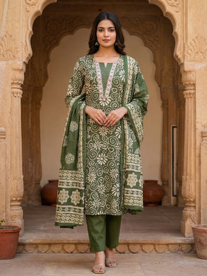 Green Pure Cotton Printed Straight Cut Salwar Suit Set for Women - Image 1