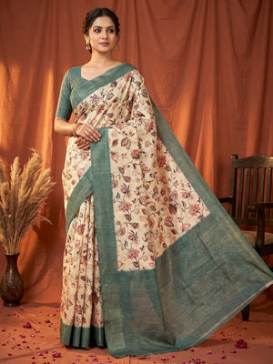Elegant Cream & Slate Blue Floral Digital Printed Cotton Silk Saree With Rich Weaving Border Work - Image 1