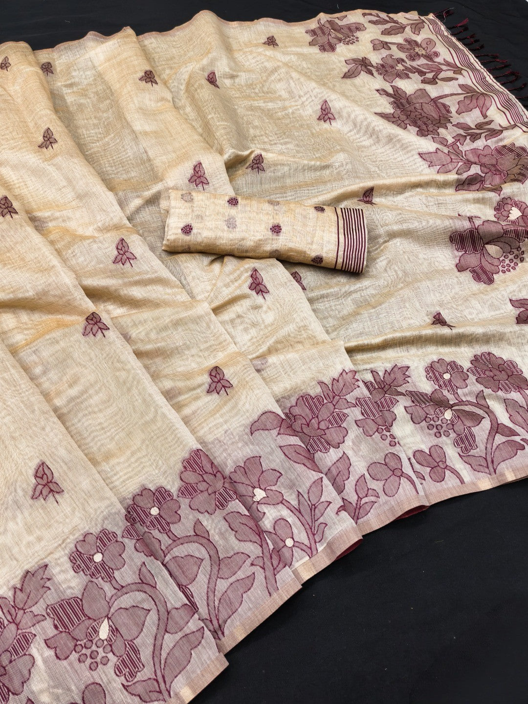 Elegant Beige Pure Cotton Saree with Wine Floral Thread Work - Image 2