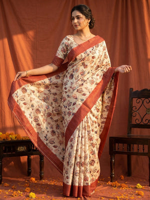 Elegant Cream & Dark Rust Floral Digital Printed Cotton Silk Saree With Rich Weaving Border Work - Image 1