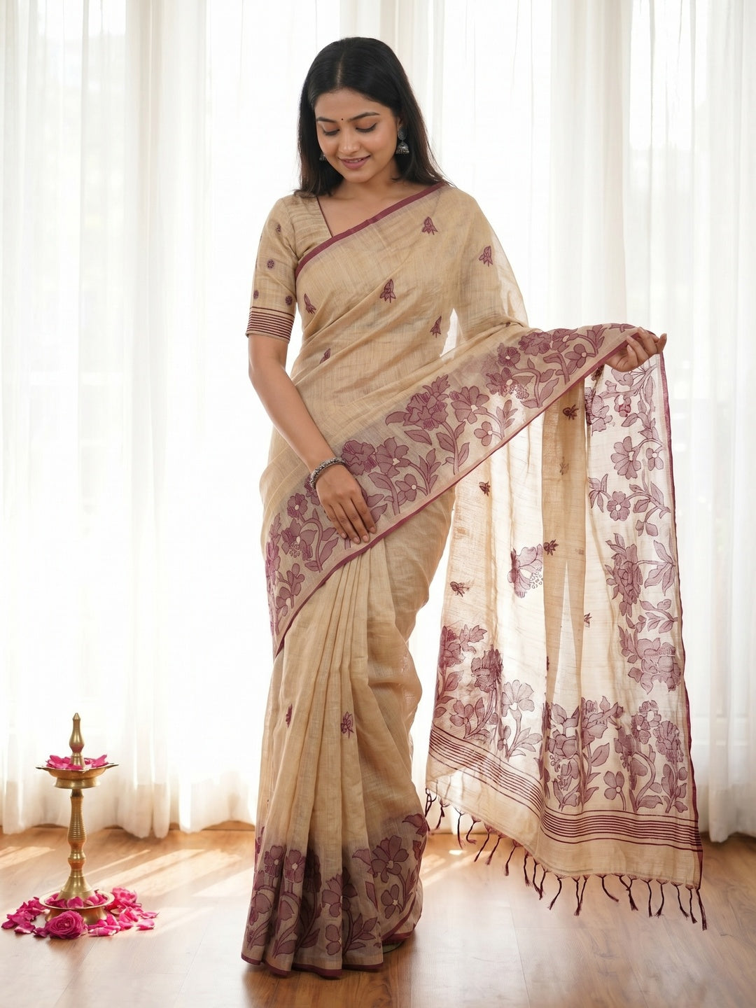 Elegant Beige Pure Cotton Saree with Wine Floral Thread Work - Image 1