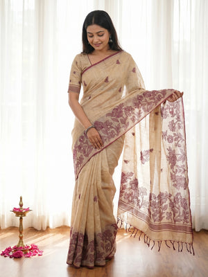 Elegant Beige Pure Cotton Saree with Wine Floral Thread Work - Image 1