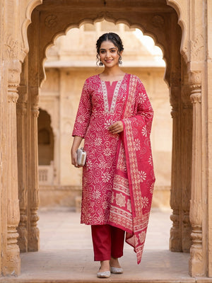 Pink Pure Cotton Printed Straight Cut Salwar Suit Set for Women - Image 1