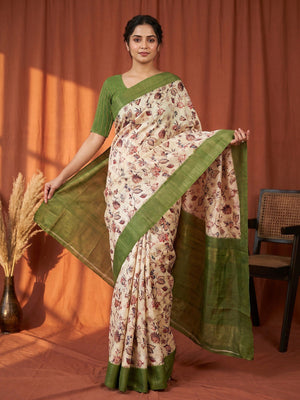 Elegant Cream & Green Floral Digital Printed Cotton Silk Saree With Rich Weaving Border Work - Image 1