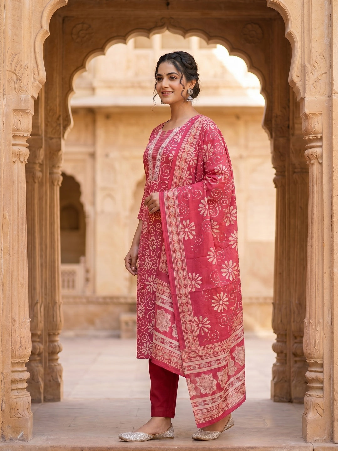 Pink Pure Cotton Printed Straight Cut Salwar Suit Set for Women - Image 3