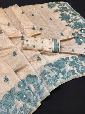 Elegant Beige Pure Cotton Saree with Teal Floral Thread Work - Image 2