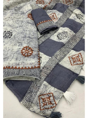 Grey Linen Saree with Hand Block Printed Geometric Patterns - Image 2