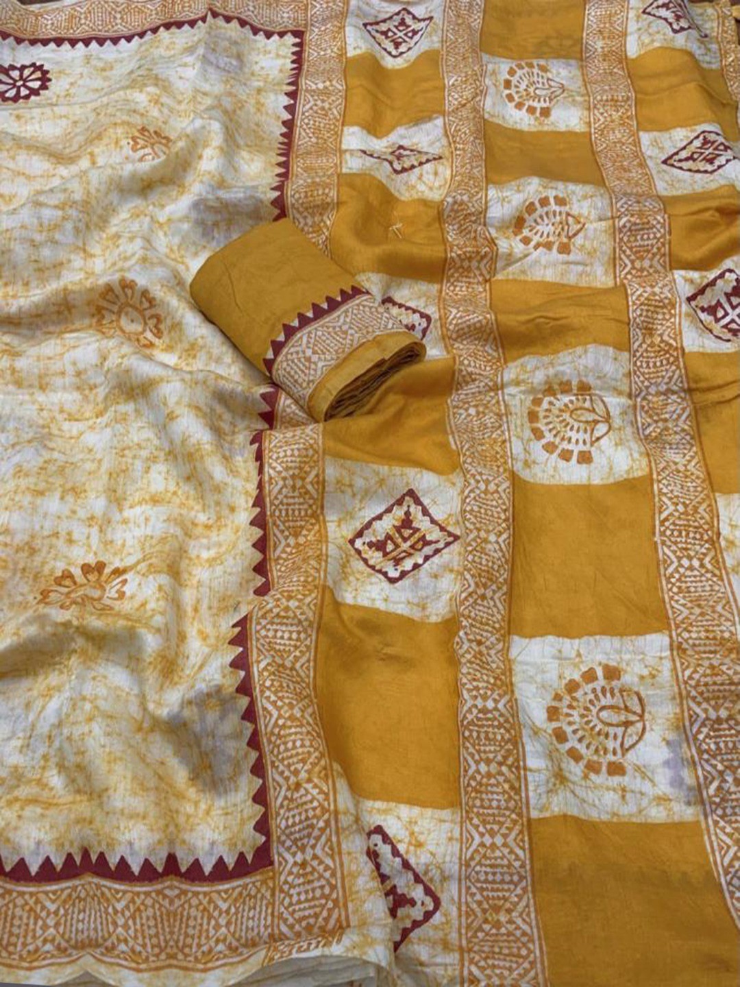 Mustard Linen Saree with Hand Block Printed Geometric Patterns - Image 3