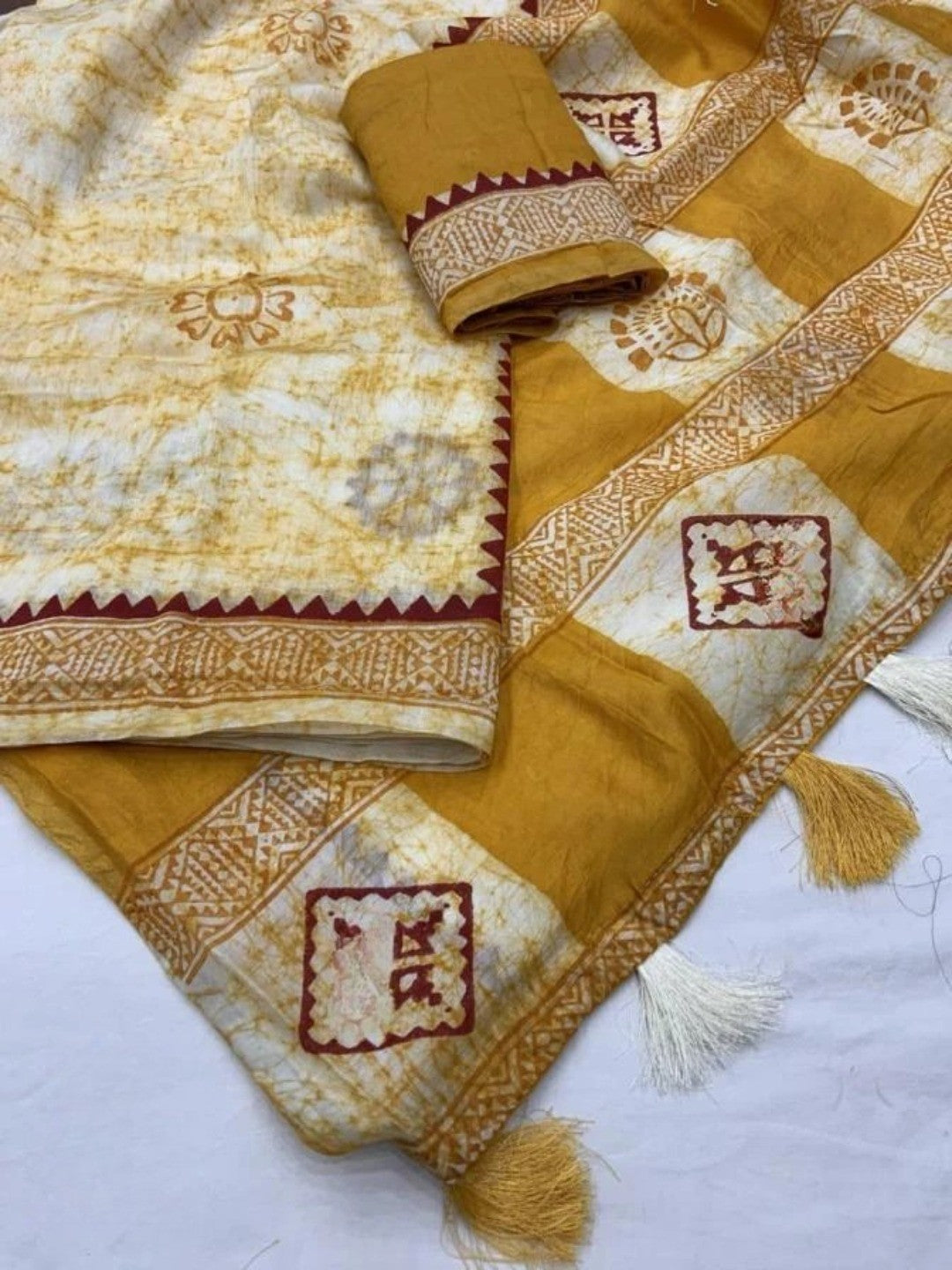 Mustard Linen Saree with Hand Block Printed Geometric Patterns - Image 2