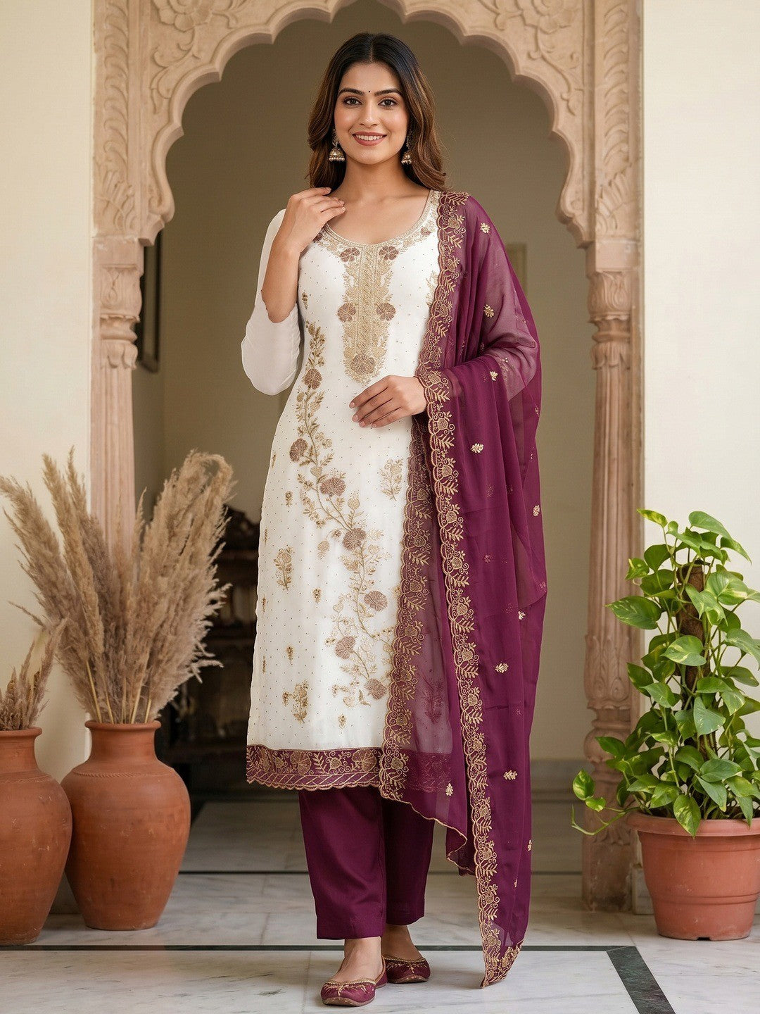 Beautiful White & Wine Floral Embroidery With Sparkling Diamond Work Georgette Dress Material - Image 2
