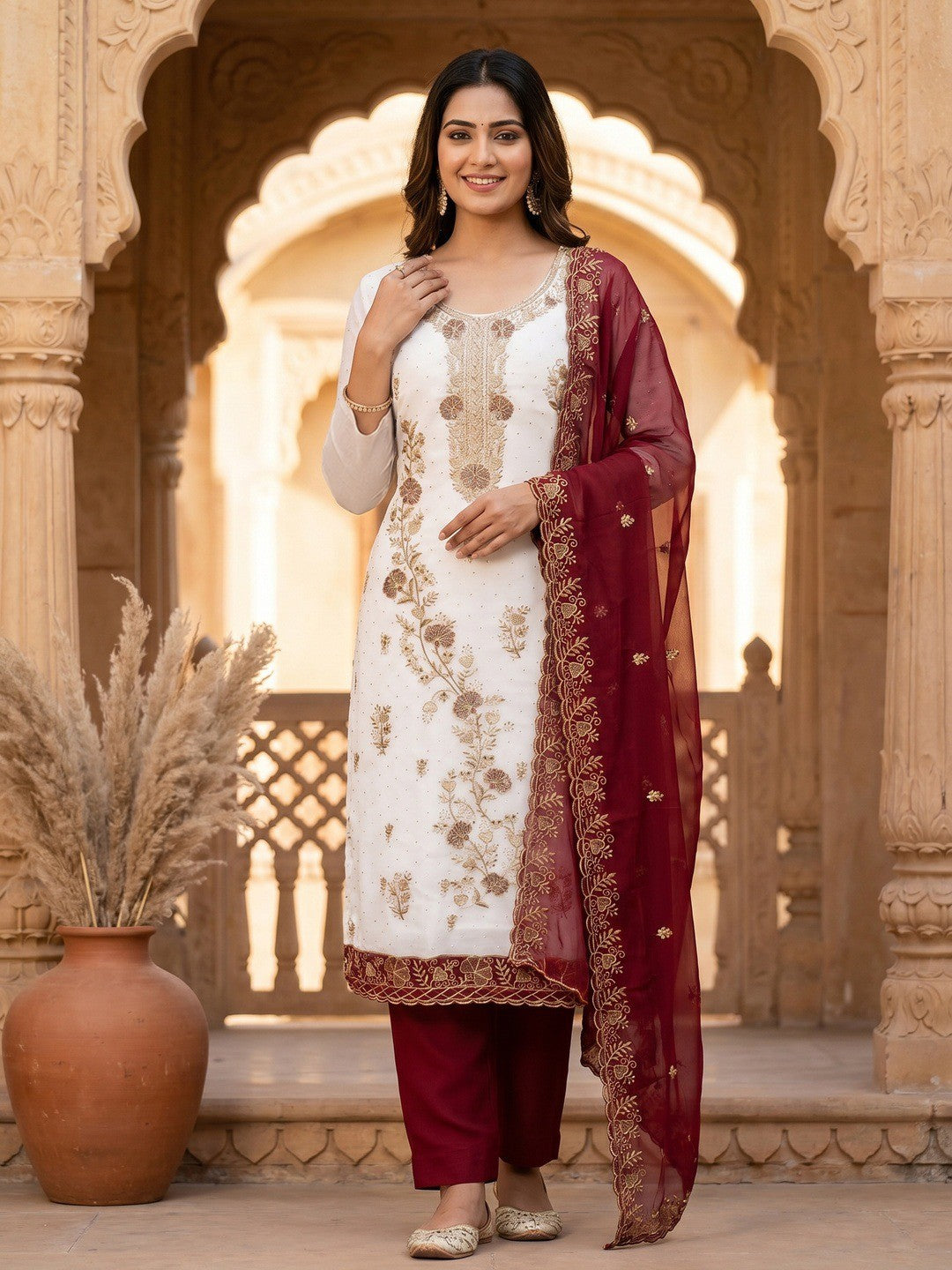 Beautiful White & Maroon Floral Embroidery With Sparkling Diamond Work Georgette Dress Material - Image 2