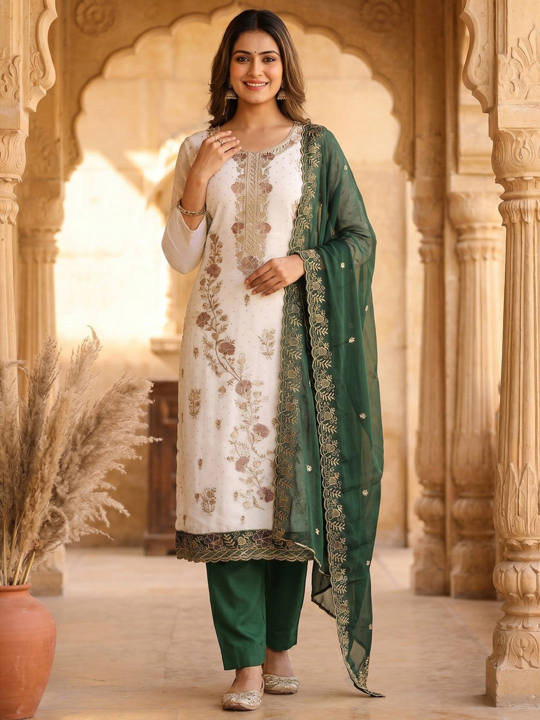 Beautiful White & Green Floral Embroidery With Sparkling Diamond Work Georgette Dress Material - Image 2