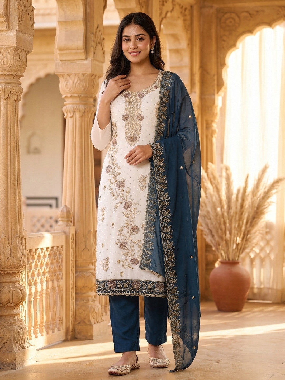Beautiful White & Blue Floral Embroidery With Sparkling Diamond Work Georgette Dress Material - Image 2