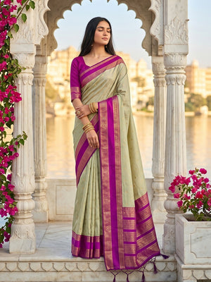 Sophisticated Chikoo Cotton Silk Saree with Ornamental Zari Border - Image 1