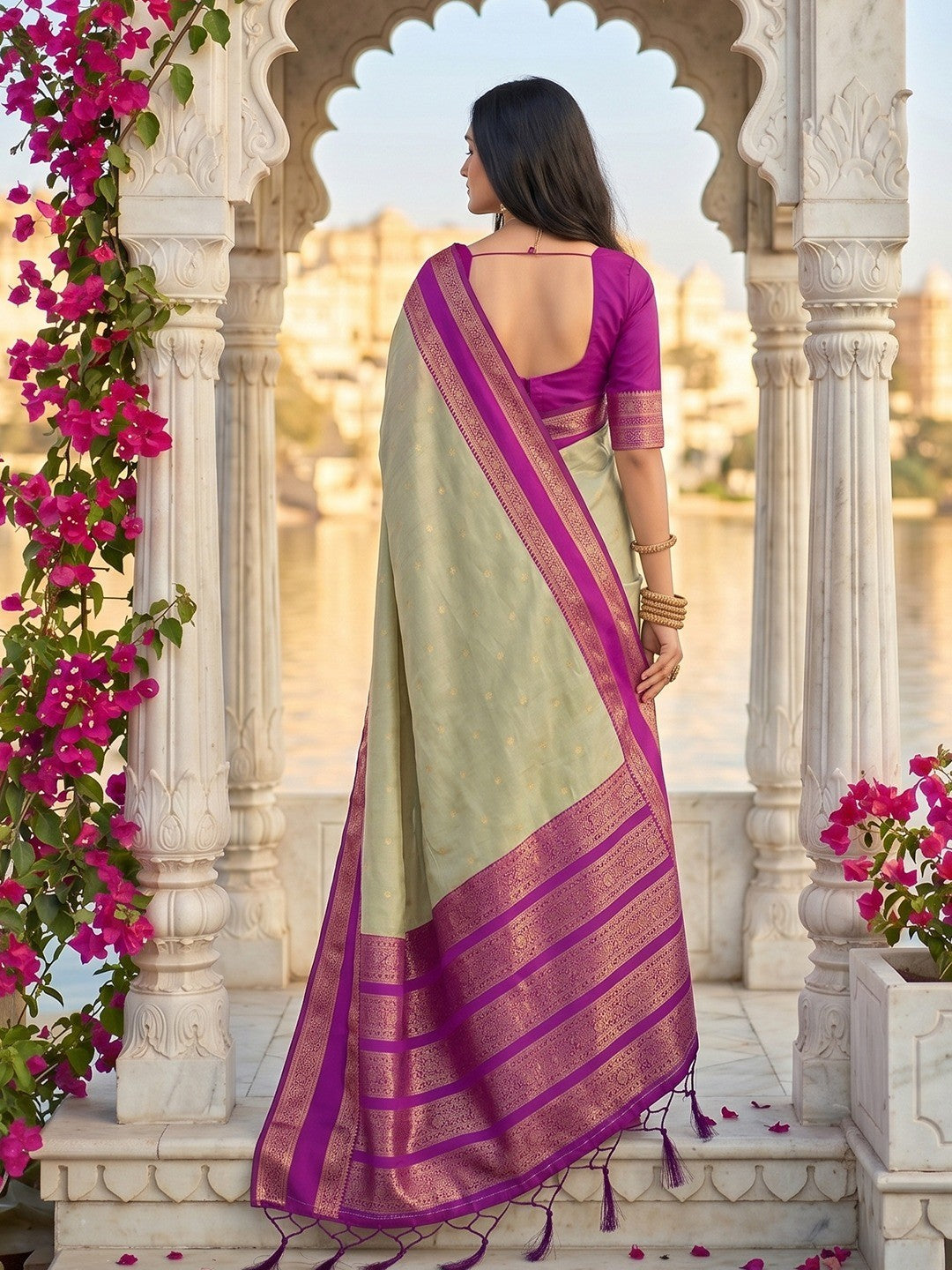 Sophisticated Chikoo Cotton Silk Saree with Ornamental Zari Border - Image 3