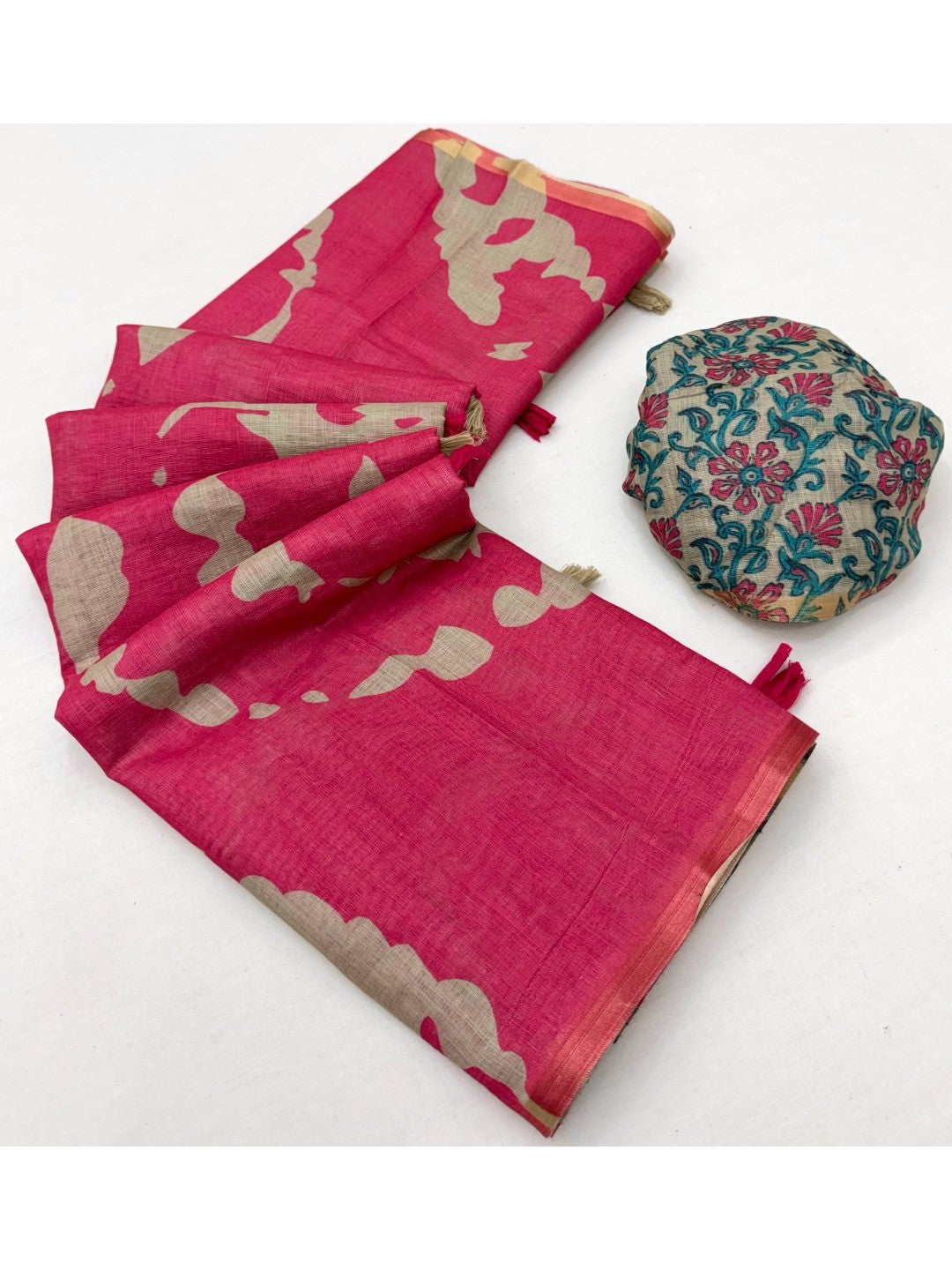 Elegant Pink Abstract Print Linen Saree with Floral Blouse - Image 3