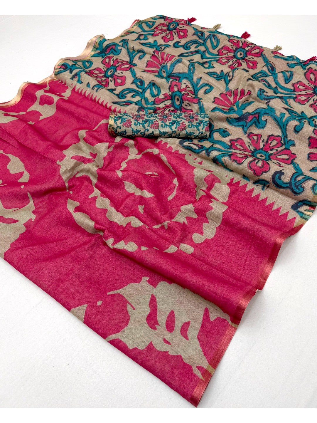 Elegant Pink Abstract Print Linen Saree with Floral Blouse - Image 2