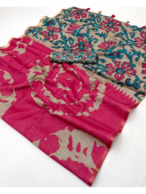 Elegant Pink Abstract Print Linen Saree with Floral Blouse - Image 2