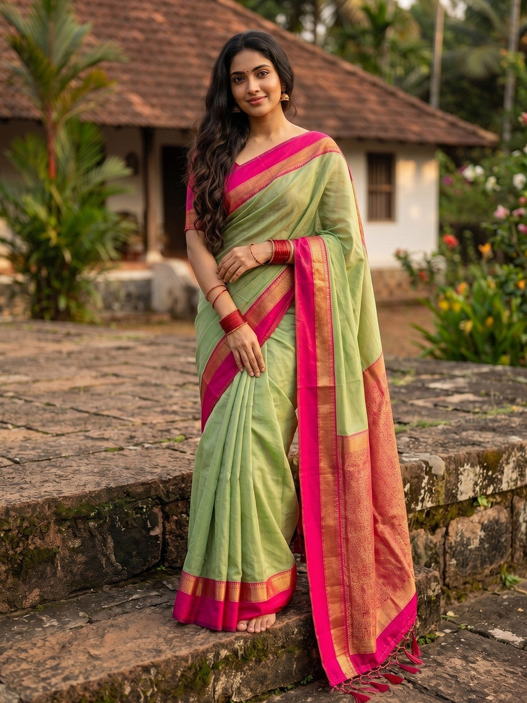 Sophisticated Green Cotton Silk Saree with Ornamental Border Work - Image 1