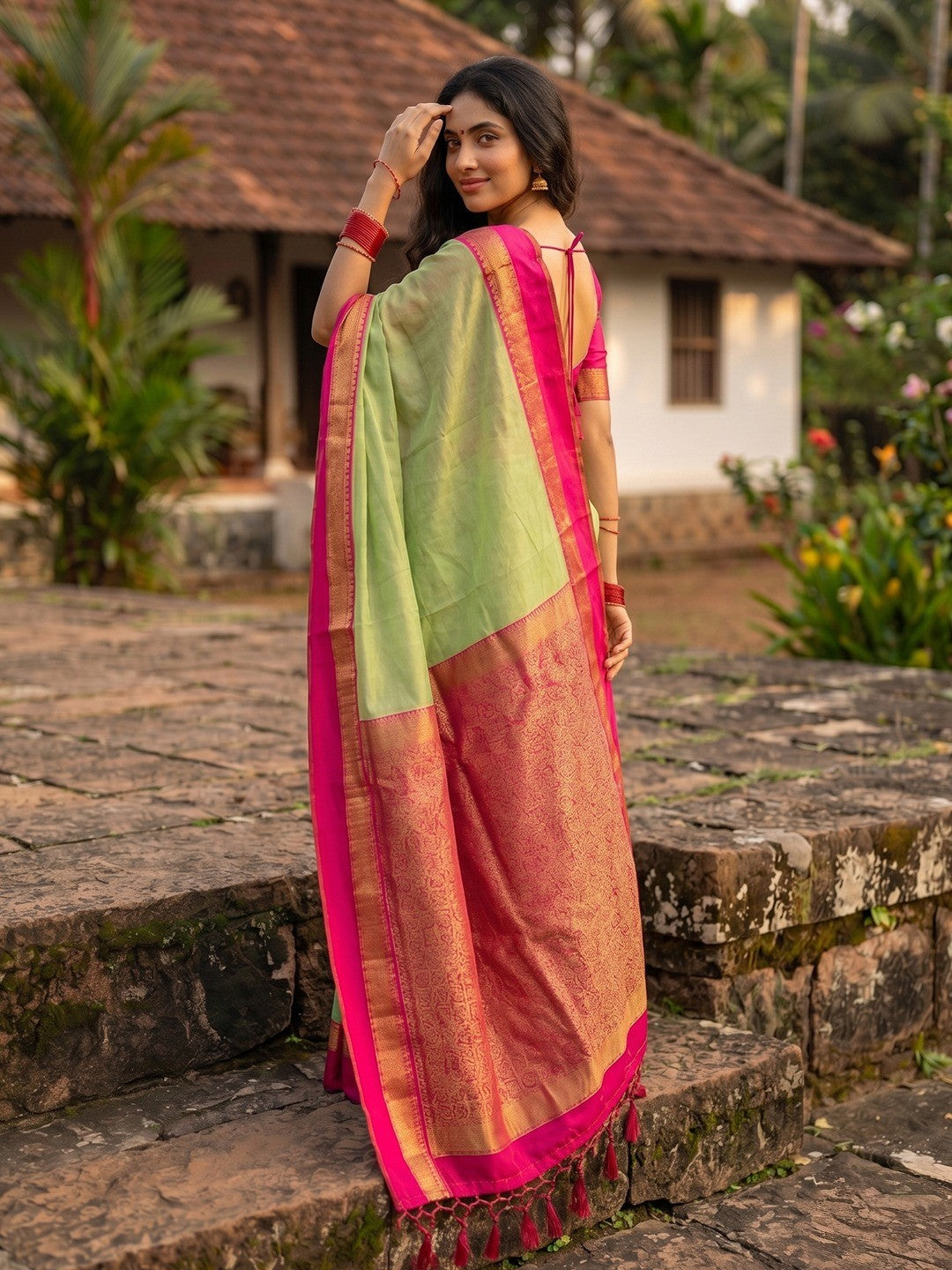 Sophisticated Green Cotton Silk Saree with Ornamental Border Work - Image 2