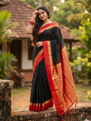 Elegant Black Cotton Silk Saree with Rich Traditional Zari Border - Image 1