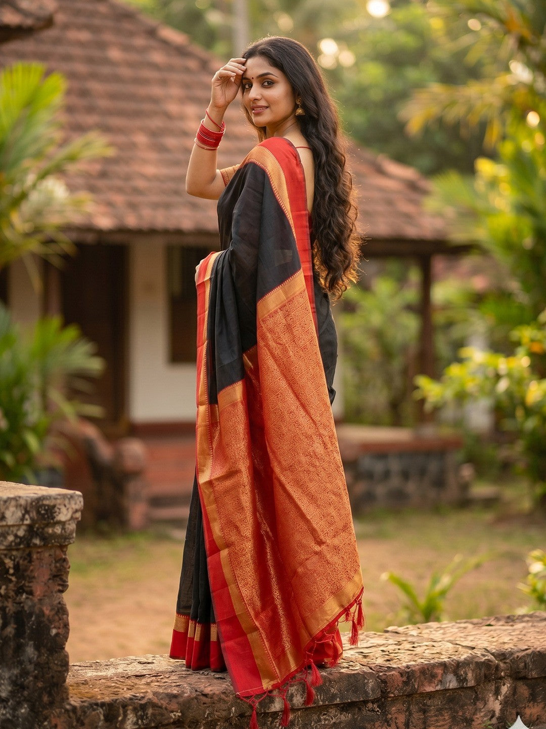 Elegant Black Cotton Silk Saree with Rich Traditional Zari Border - Image 3