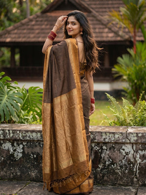 Elegant Solid Brown Cotton Silk Saree with Woven Zari Border - Image 2