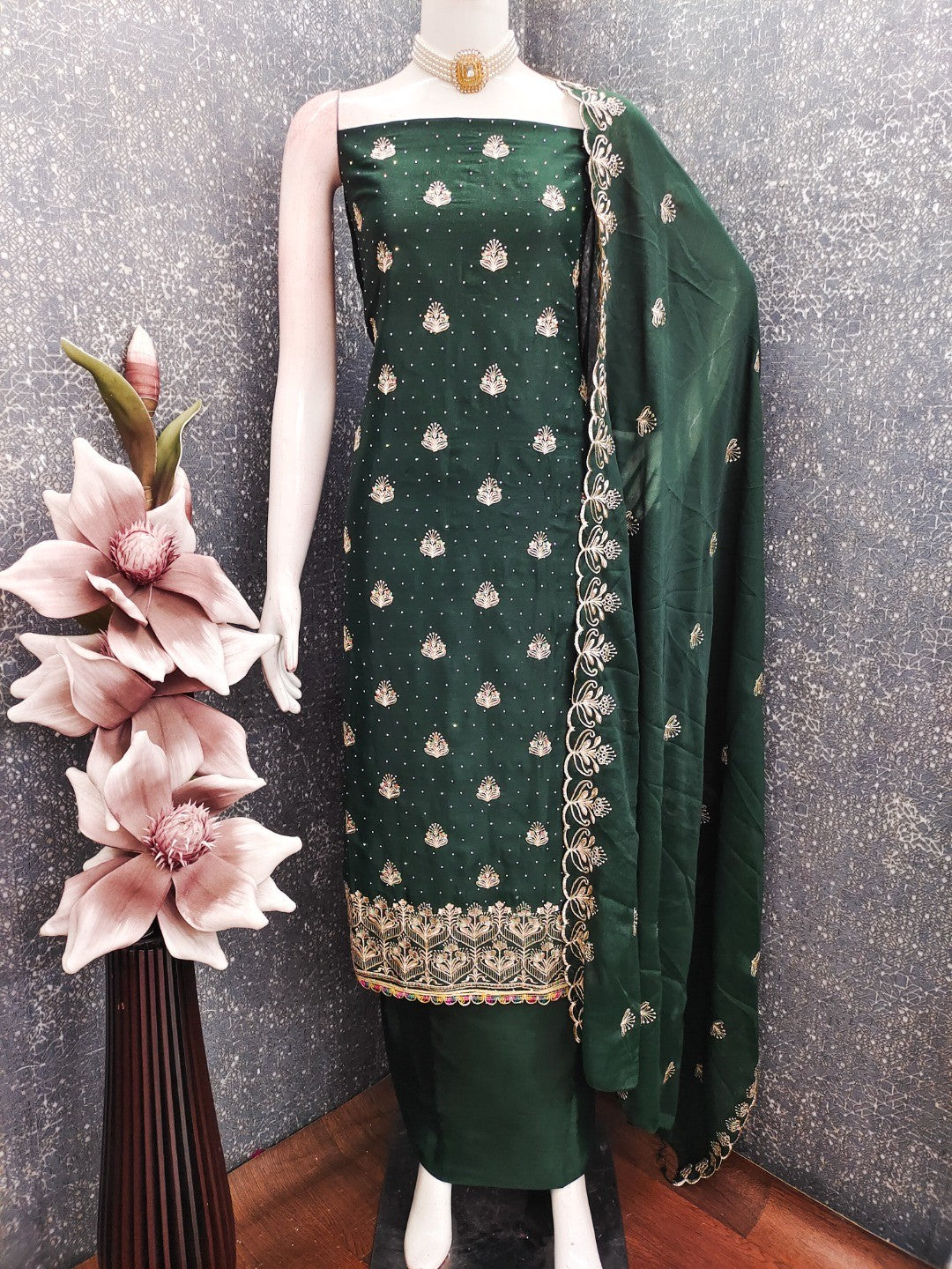 Luxury Green Floral Embroidery With Sparkling Diamond Work Georgette Dress Material - Image 3