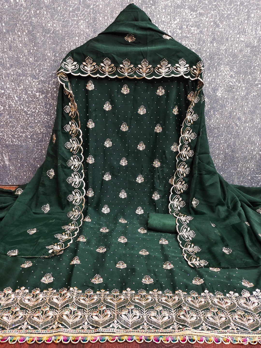 Luxury Green Floral Embroidery With Sparkling Diamond Work Georgette Dress Material - Image 6