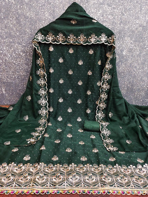 Luxury Green Floral Embroidery With Sparkling Diamond Work Georgette Dress Material - Image 2