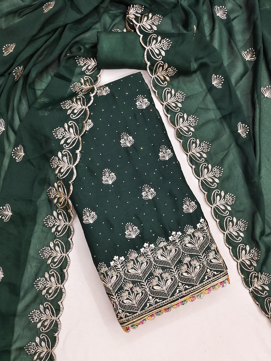 Luxury Green Floral Embroidery With Sparkling Diamond Work Georgette Dress Material - Image 4