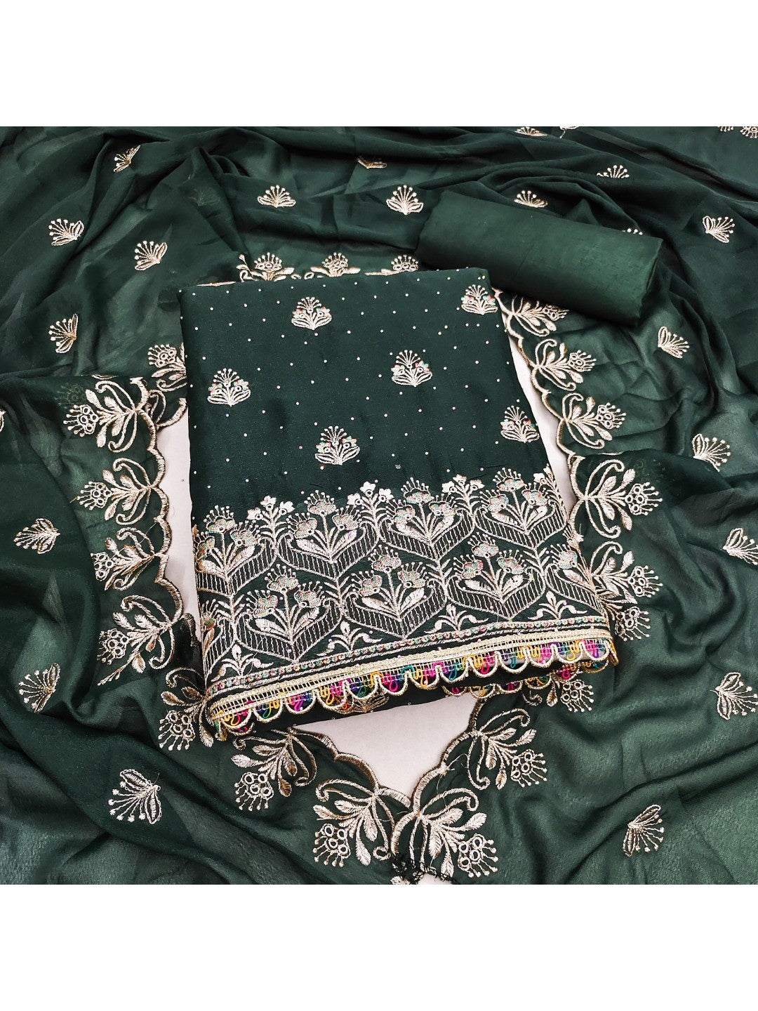 Luxury Green Floral Embroidery With Sparkling Diamond Work Georgette Dress Material - Image 5