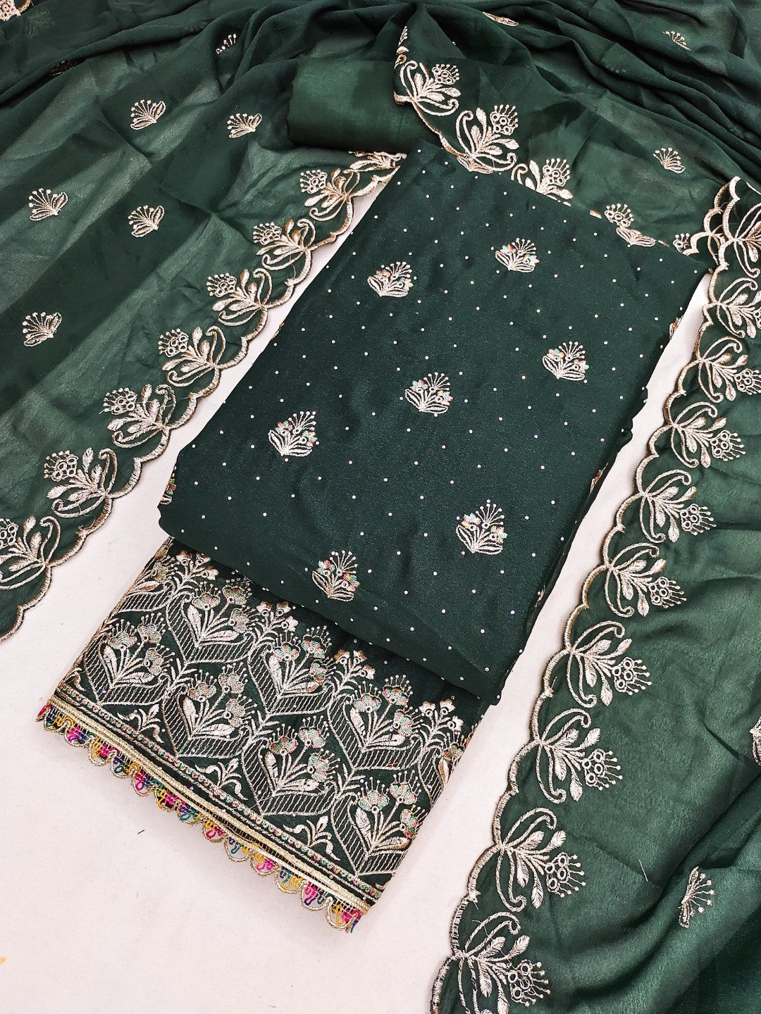 Luxury Green Floral Embroidery With Sparkling Diamond Work Georgette Dress Material - Image 1