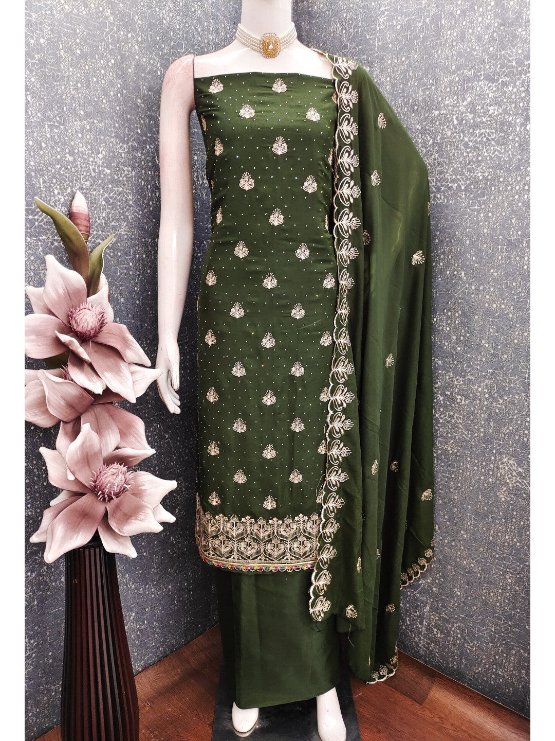 Luxury Mehendi Green Floral Embroidery With Sparkling Diamond Work Georgette Dress Material - Image 3