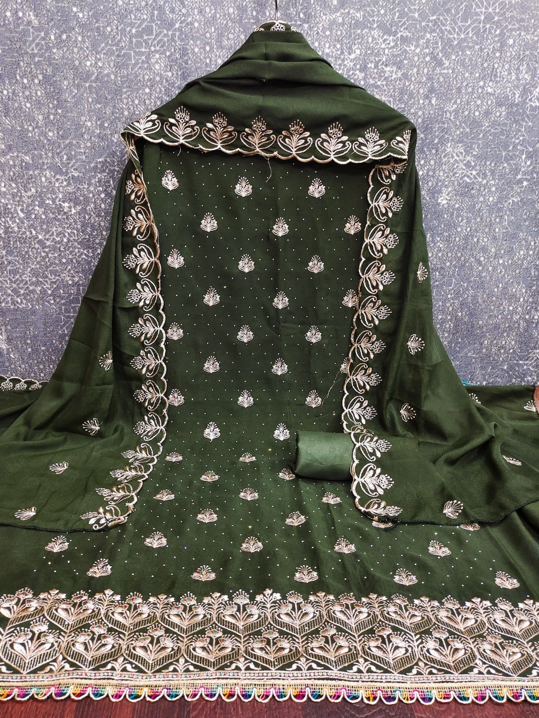 Luxury Mehendi Green Floral Embroidery With Sparkling Diamond Work Georgette Dress Material - Image 6