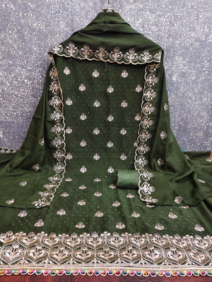 Luxury Mehendi Green Floral Embroidery With Sparkling Diamond Work Georgette Dress Material - Image 2