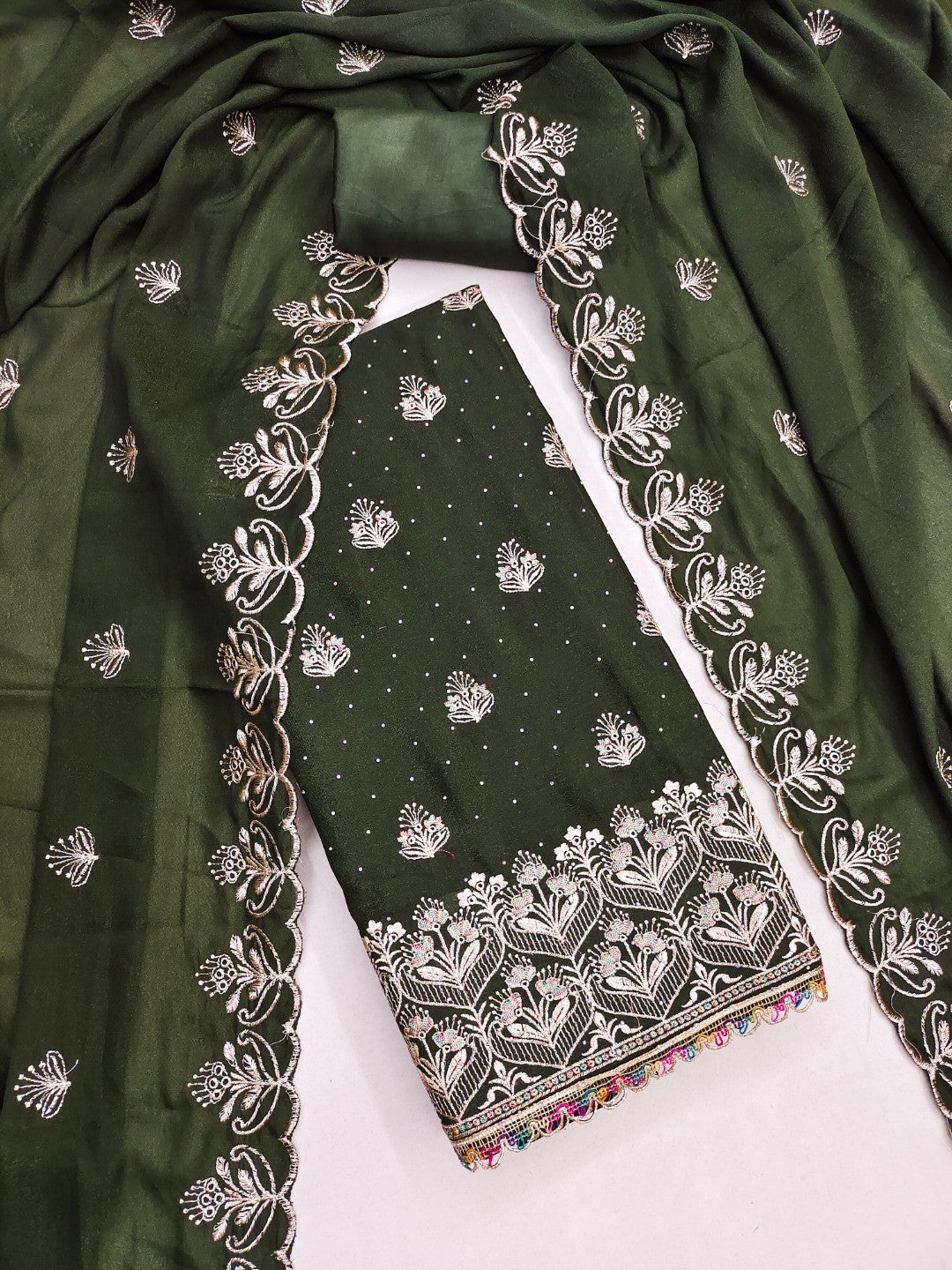 Luxury Mehendi Green Floral Embroidery With Sparkling Diamond Work Georgette Dress Material - Image 4
