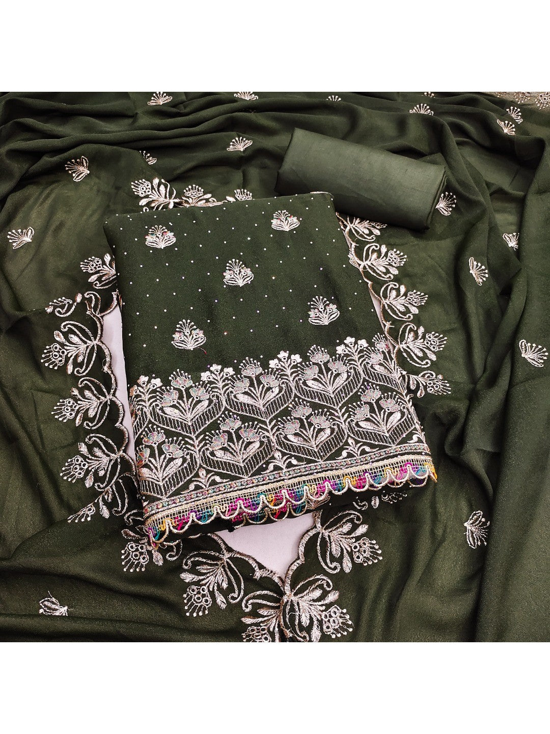 Luxury Mehendi Green Floral Embroidery With Sparkling Diamond Work Georgette Dress Material - Image 1