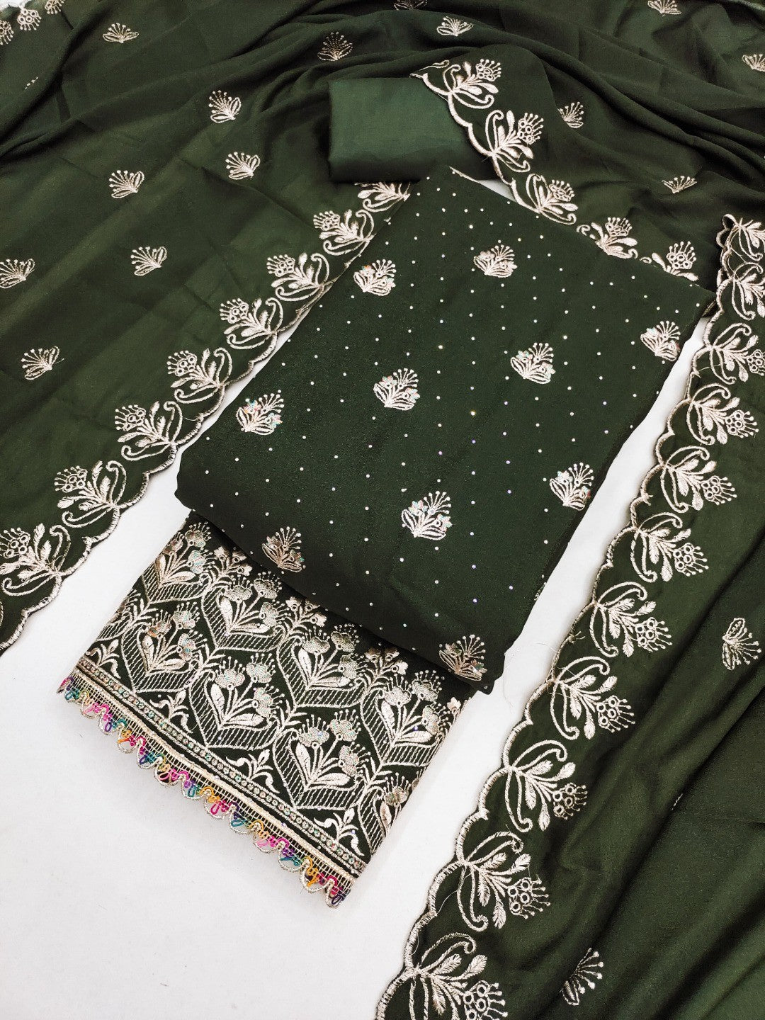 Luxury Mehendi Green Floral Embroidery With Sparkling Diamond Work Georgette Dress Material - Image 5