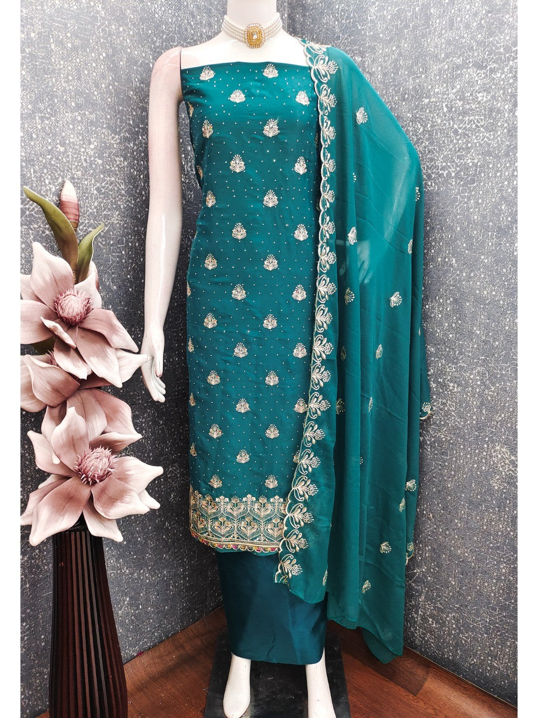 Luxury Teal Floral Embroidery With Sparkling Diamond Work Georgette Dress Material - Image 3