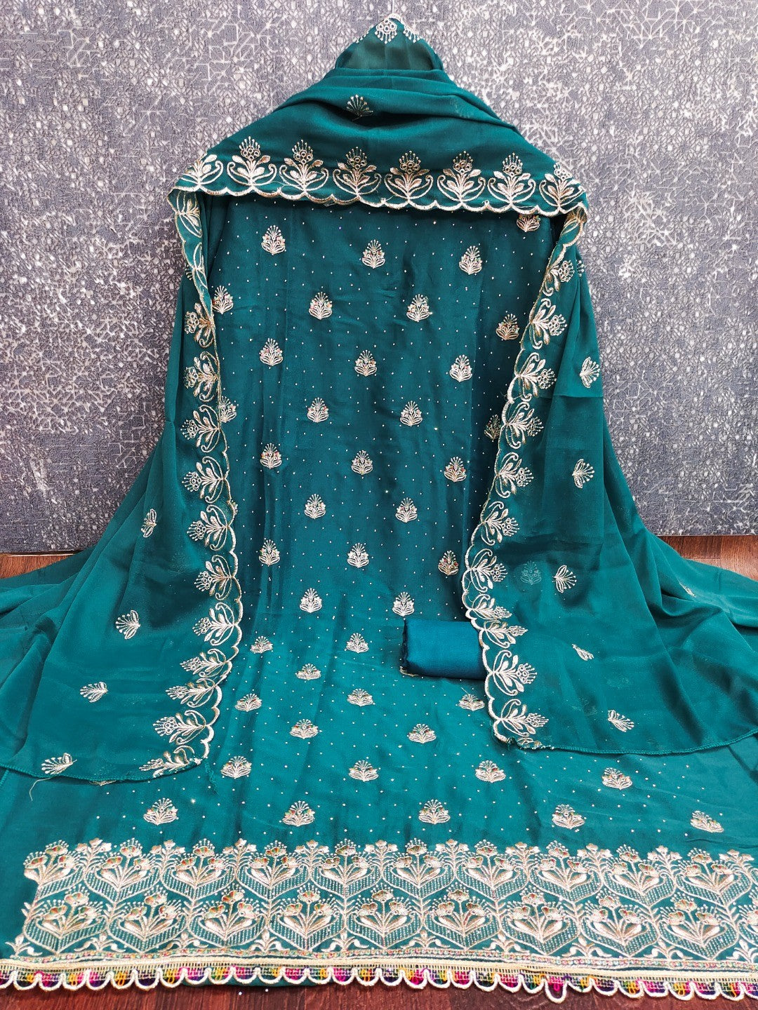 Luxury Teal Floral Embroidery With Sparkling Diamond Work Georgette Dress Material - Image 6
