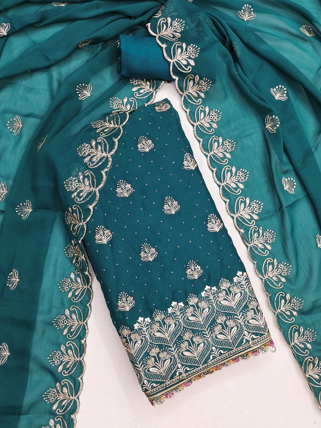 Luxury Teal Floral Embroidery With Sparkling Diamond Work Georgette Dress Material - Image 5