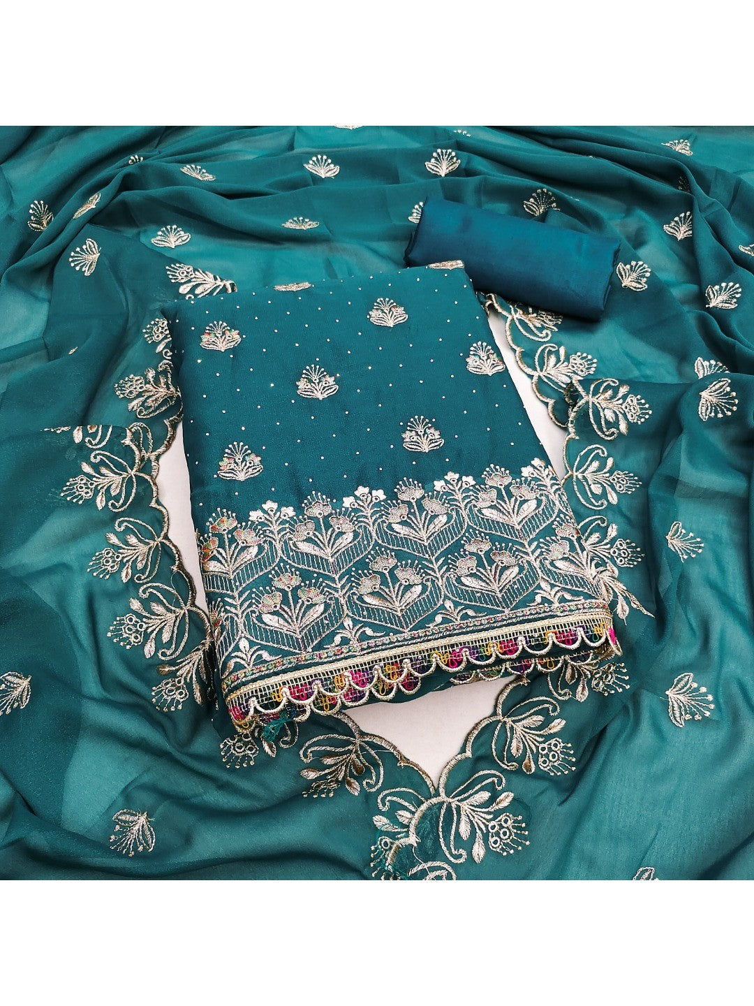 Luxury Teal Floral Embroidery With Sparkling Diamond Work Georgette Dress Material - Image 4