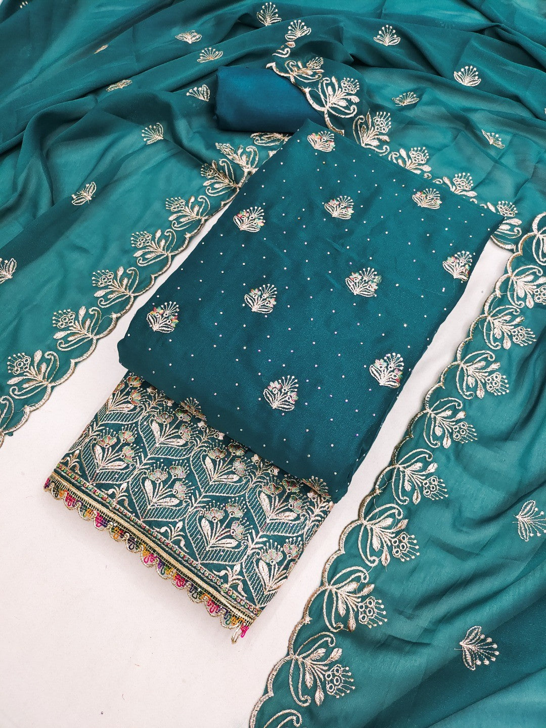 Luxury Teal Floral Embroidery With Sparkling Diamond Work Georgette Dress Material - Image 1