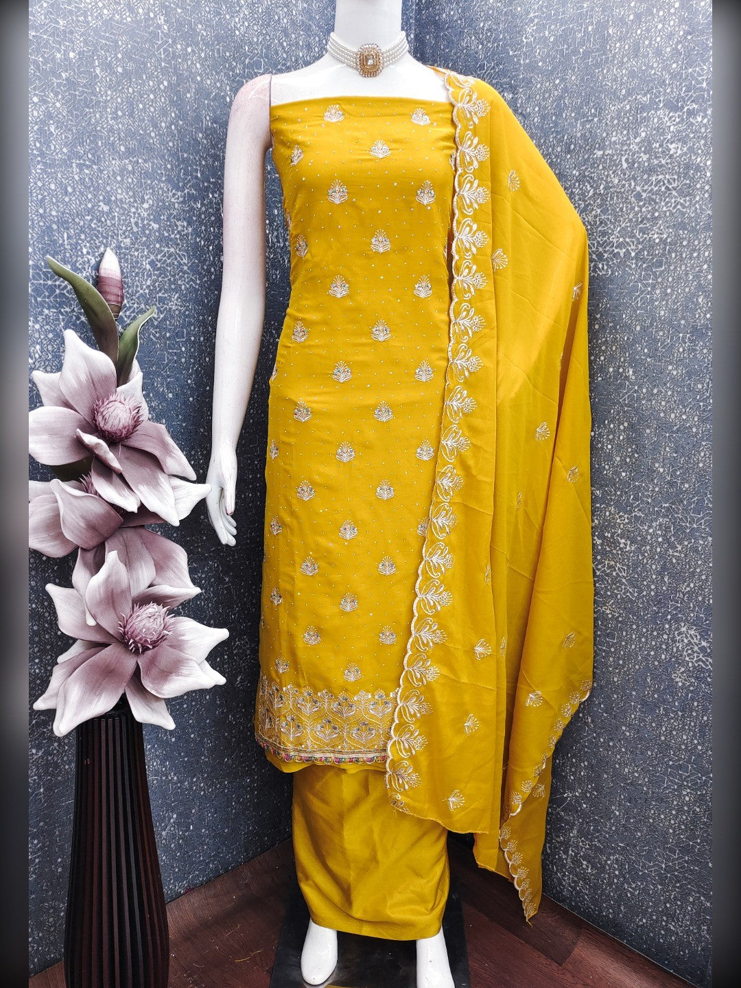 Luxury Mustard Floral Embroidery With Sparkling Diamond Work Georgette Dress Material - Image 3