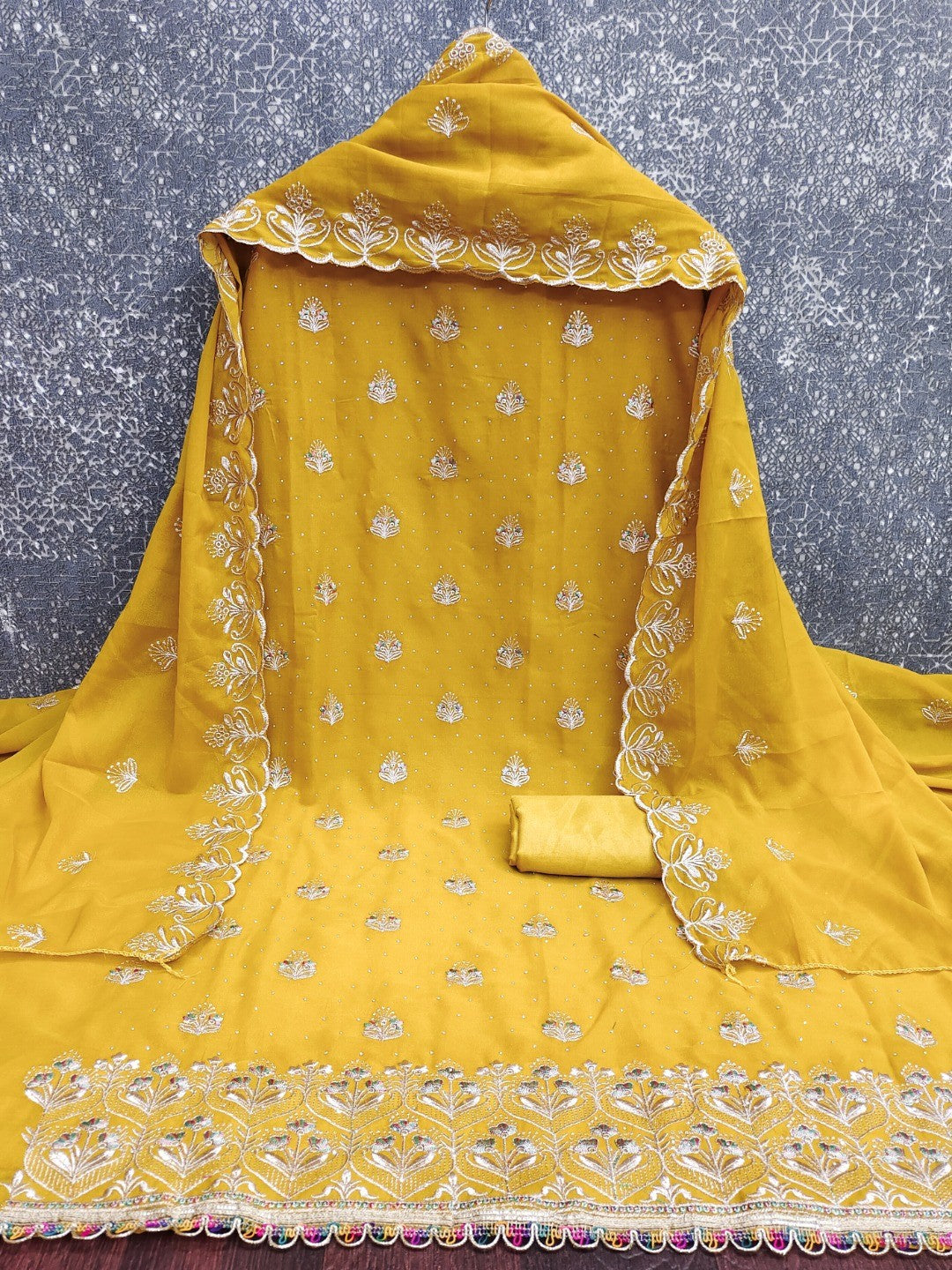 Luxury Mustard Floral Embroidery With Sparkling Diamond Work Georgette Dress Material - Image 6